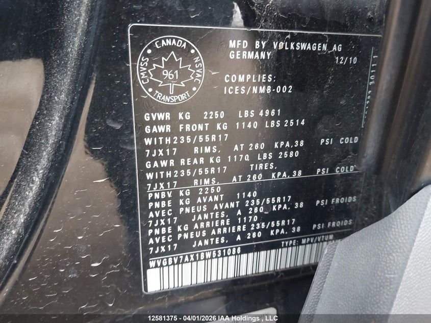 2011 Volkswagen Tiguan 2.0 Tsi Comfortline/2.0 Tsi Highline/2.0 Tsi Trendline VIN: WVGBV7AX1BW531086 Lot: 12581375