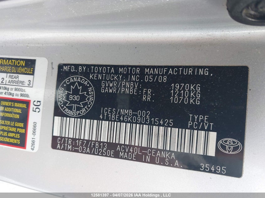 2009 Toyota Camry Se/Le/Xle VIN: 4T1BE46K09U315425 Lot: 12581397