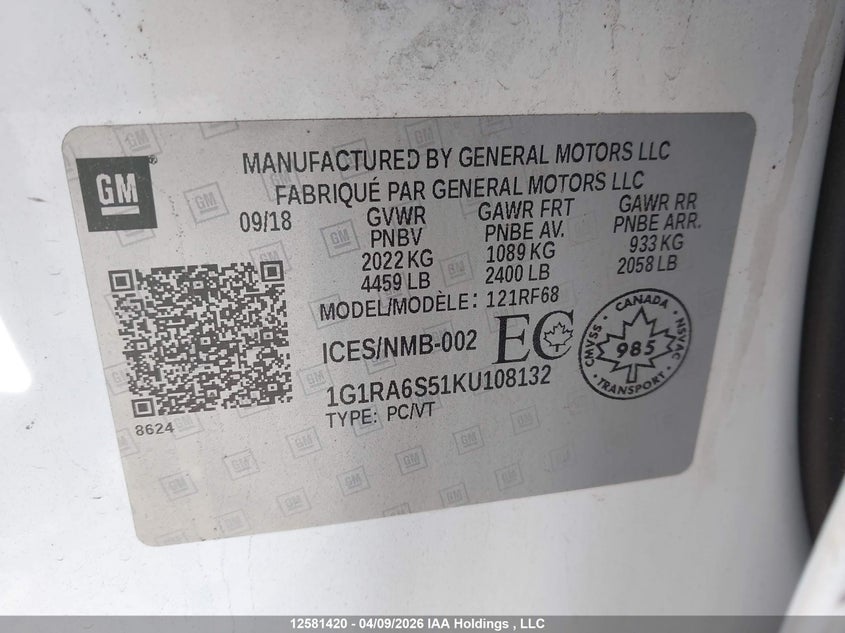 2019 Chevrolet Volt VIN: 1G1RA6S51KU108132 Lot: 12581420