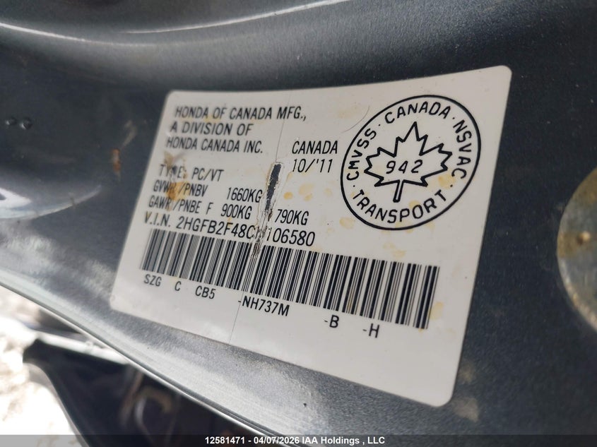 2012 Honda Civic Lx VIN: 2HGFB2F48CH106580 Lot: 12581471