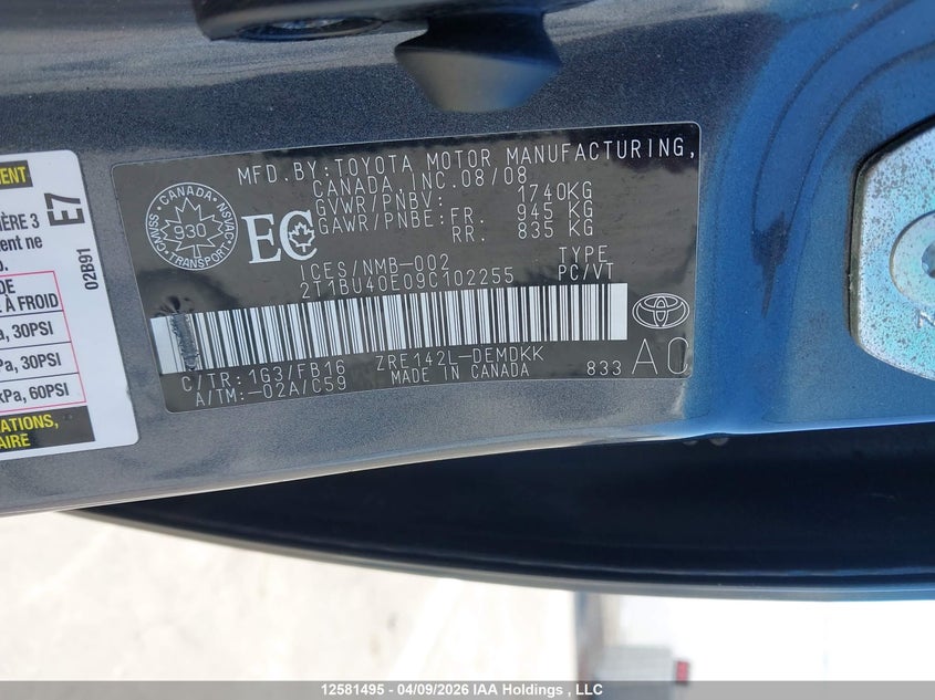 2009 Toyota Corolla S/Le/Xle VIN: 2T1BU40E09C102255 Lot: 12581495