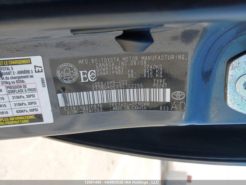 2009 Toyota Corolla S/Le/Xle VIN: 2T1BU40E09C102255 Lot: 12581495