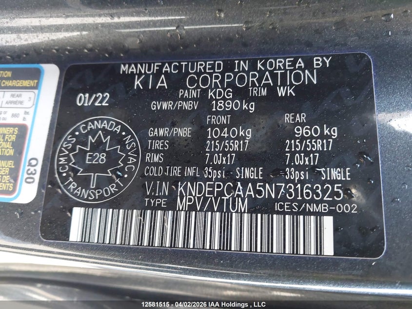 2022 Kia Seltos Lx VIN: KNDEPCAA5N7316325 Lot: 12581515