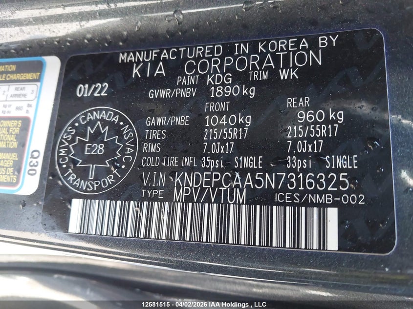 2022 Kia Seltos Lx VIN: KNDEPCAA5N7316325 Lot: 12581515