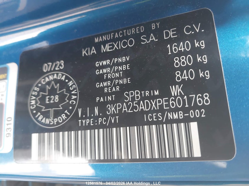 2023 Kia Rio S VIN: 3KPA25ADXPE601768 Lot: 12581576