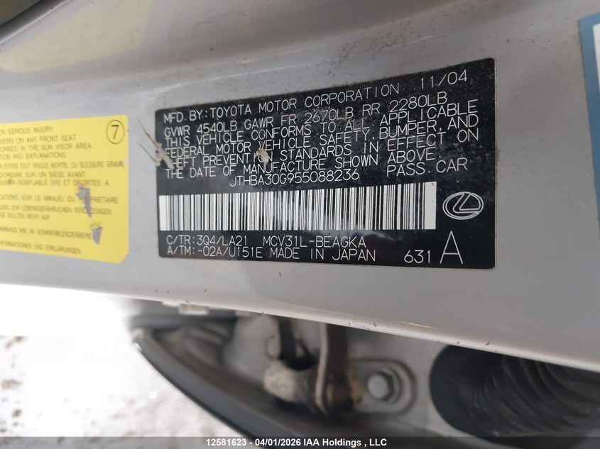 2005 Lexus Es 330 VIN: JTHBA30G955088236 Lot: 12581623