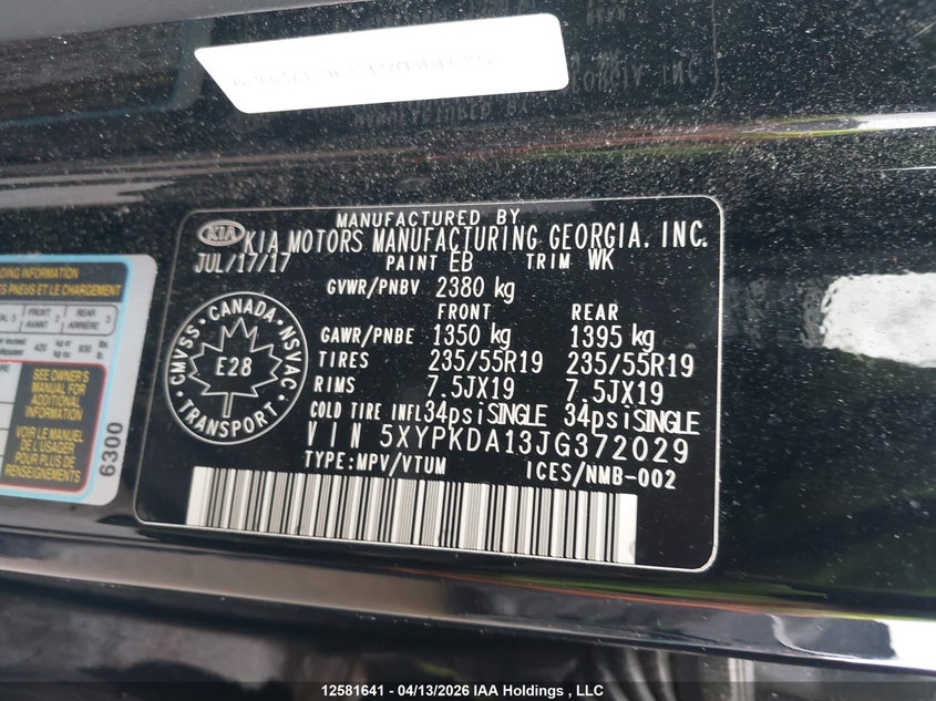 2018 Kia Sorento 2.0L Sx VIN: 5XYPKDA13JG372029 Lot: 12581641