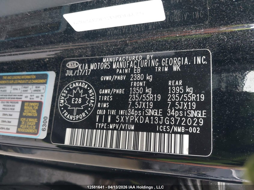 2018 Kia Sorento 2.0L Sx VIN: 5XYPKDA13JG372029 Lot: 12581641