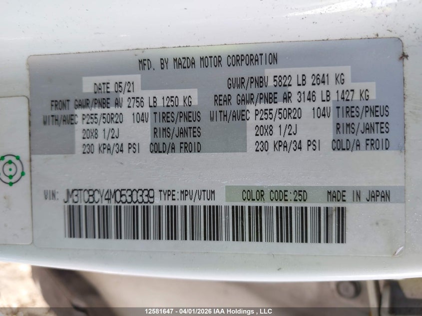 2021 Mazda Cx-9 Touring VIN: JM3TCBCY4M0530339 Lot: 12581647