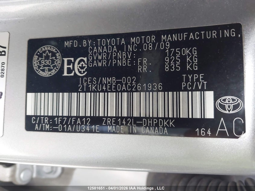 2010 Toyota Matrix VIN: 2T1KU4EE0AC261936 Lot: 12581651