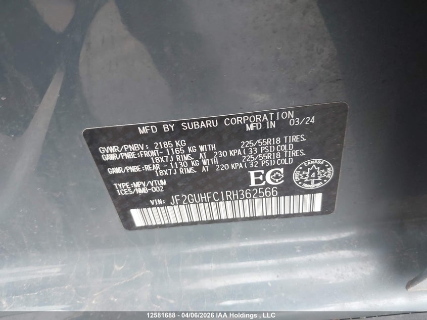 2024 Subaru Crosstrek Onyx VIN: JF2GUHFC1RH362566 Lot: 12581688