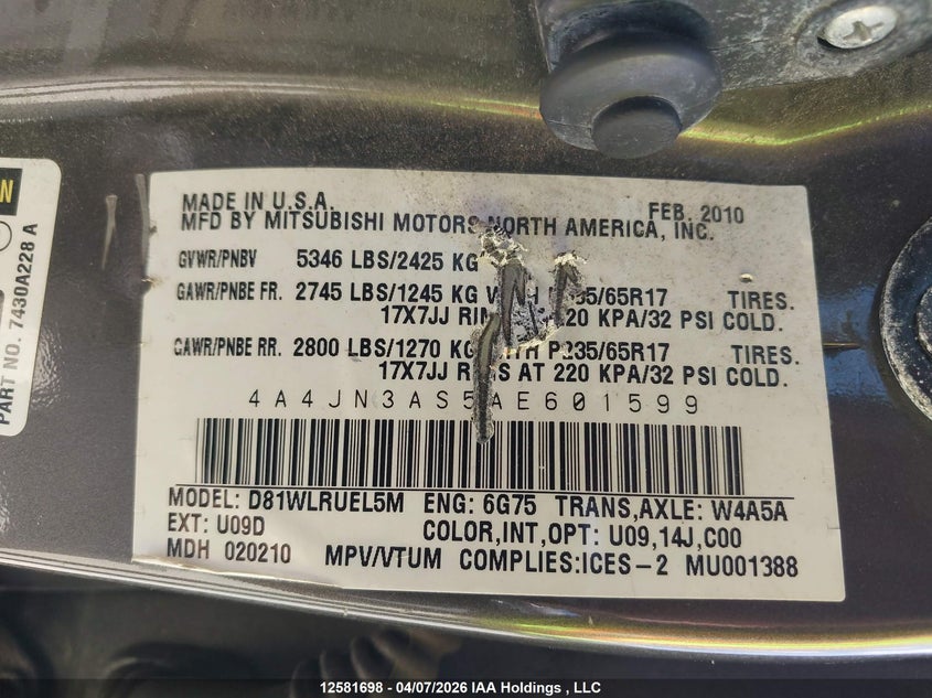 2010 Mitsubishi Endeavor Se VIN: 4A4JN3AS5AE601599 Lot: 12581698