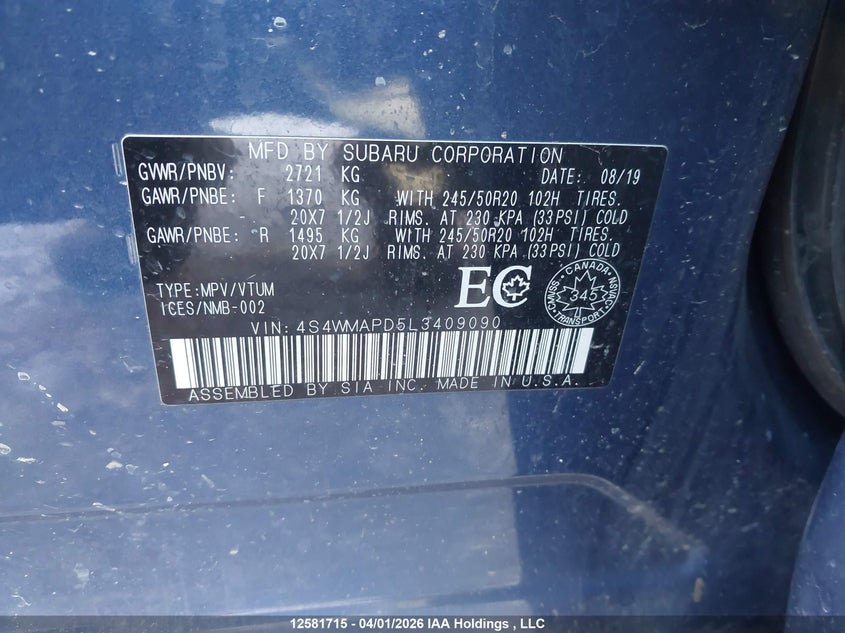 2020 Subaru Ascent Limited VIN: 4S4WMAPD5L3409090 Lot: 12581715