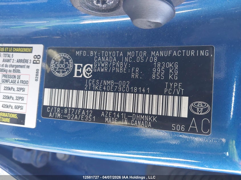 2009 Toyota Matrix Xr VIN: 2T1KE40E79C018141 Lot: 12581727