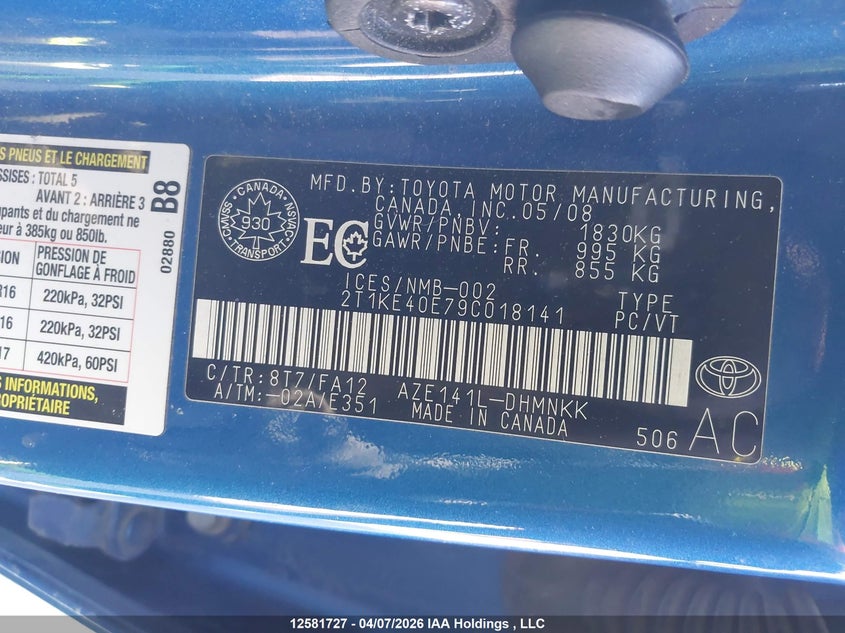 2009 Toyota Matrix Xr VIN: 2T1KE40E79C018141 Lot: 12581727