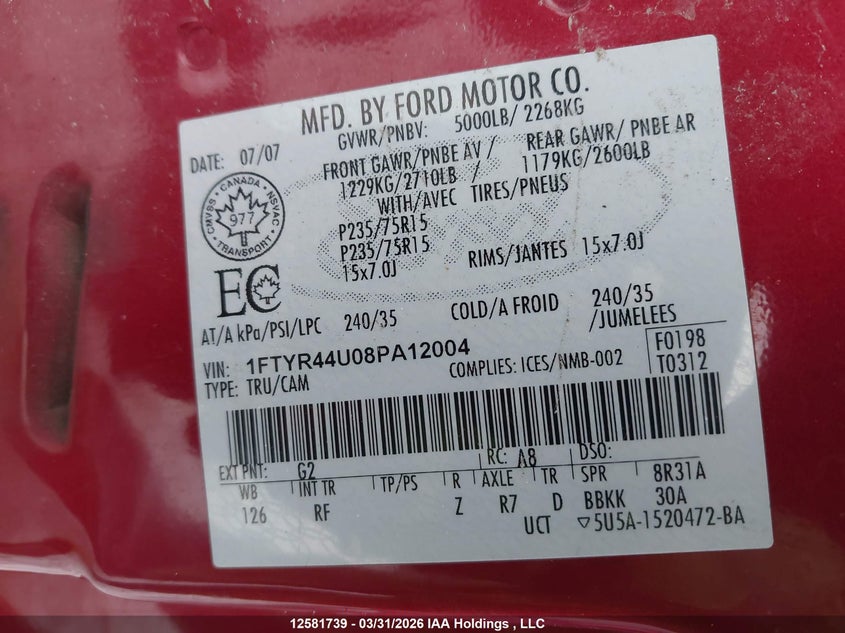 2008 Ford Ranger Super Cab VIN: 1FTYR44U08PA12004 Lot: 12581739