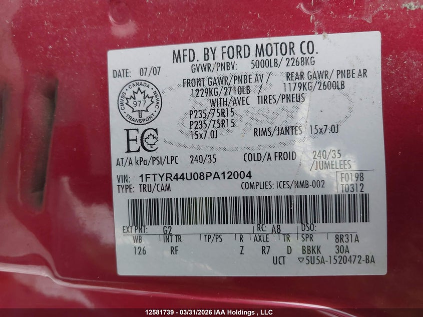 2008 Ford Ranger Super Cab VIN: 1FTYR44U08PA12004 Lot: 12581739