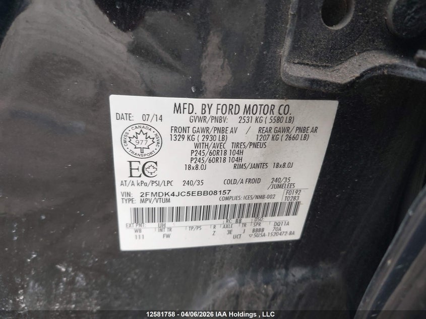 2014 Ford Edge Sel VIN: 2FMDK4JC5EBB08157 Lot: 12581758
