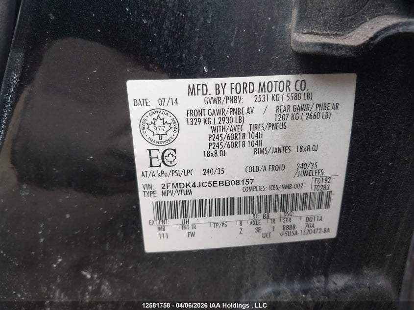 2014 Ford Edge Sel VIN: 2FMDK4JC5EBB08157 Lot: 12581758