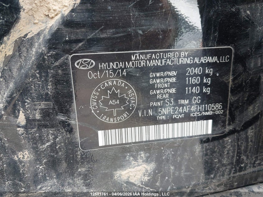 2015 Hyundai Sonata VIN: 5NPE24AF4FH110586 Lot: 12581761