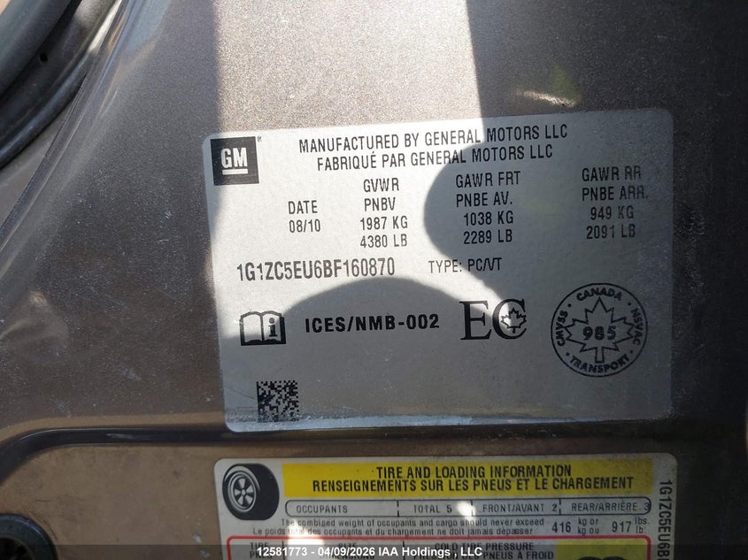 2011 Chevrolet Malibu VIN: 1G1ZC5EU6BF160870 Lot: 12581773