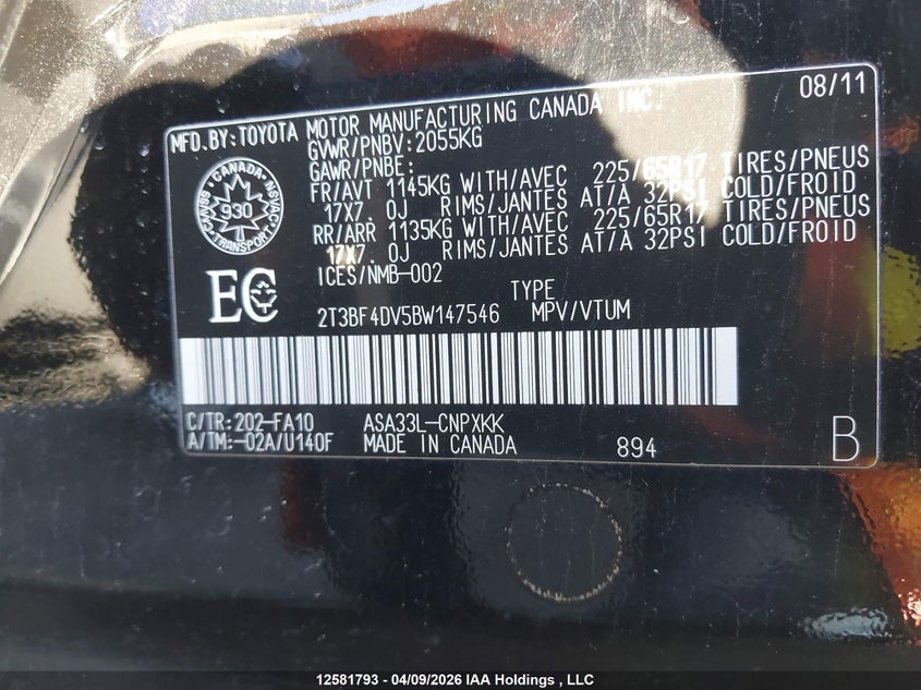 2011 Toyota Rav4 VIN: 2T3BF4DV5BW147546 Lot: 12581793