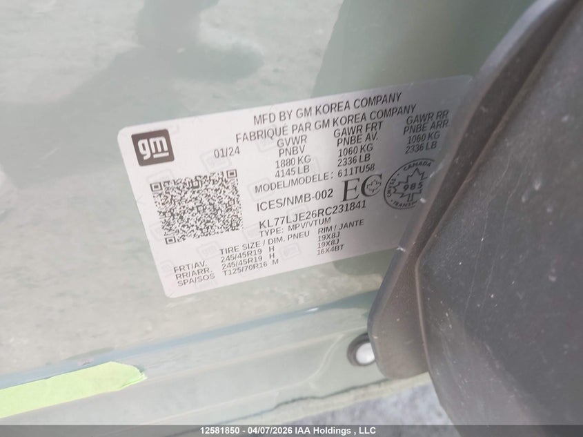 2024 Chevrolet Trax VIN: KL77LJE26RC231841 Lot: 12581850