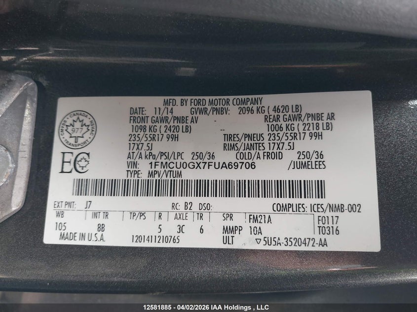 2015 FORD ESCAPE SPORT UTILITY VEHICLE 1.6L I4 FI DOHC 16V NF4