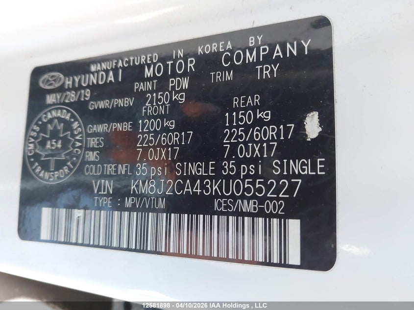 2019 Hyundai Tucson Se VIN: KM8J2CA43KU055227 Lot: 12581898