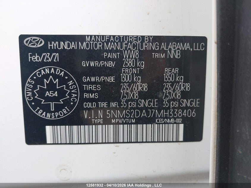 2021 Hyundai Santa Fe Essential Awd VIN: 5NMS2DAJ7MH338406 Lot: 12581932