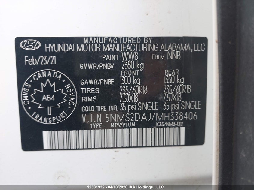 2021 Hyundai Santa Fe Essential Awd VIN: 5NMS2DAJ7MH338406 Lot: 12581932