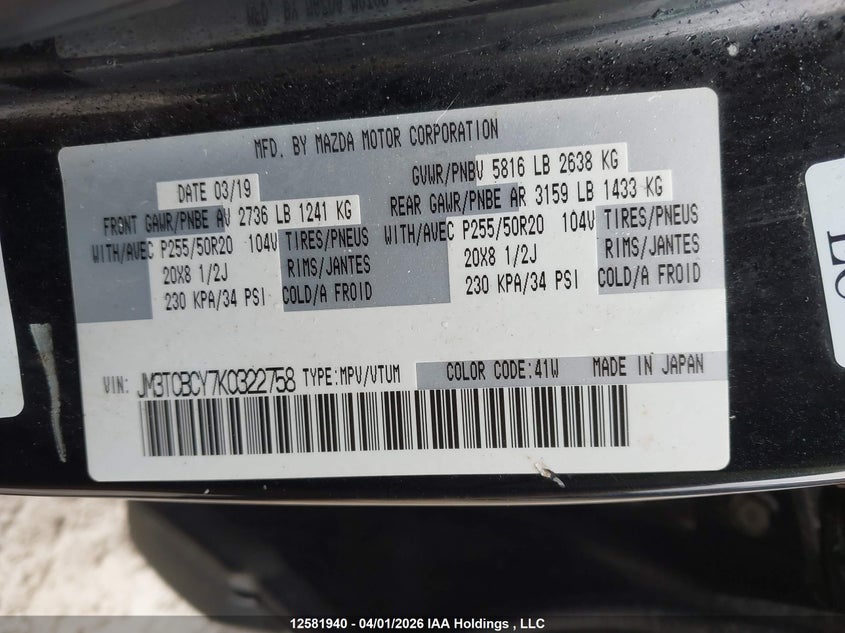 2019 Mazda Cx-9 Touring VIN: JM3TCBCY7K0322758 Lot: 12581940