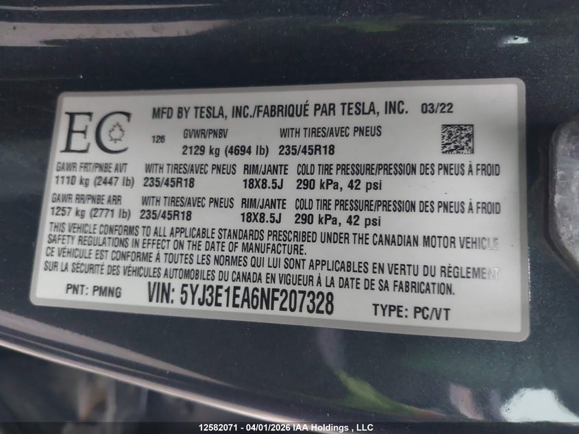 2022 Tesla Model 3 Rwd/Standard Range VIN: 5YJ3E1EA6NF207328 Lot: 12582071