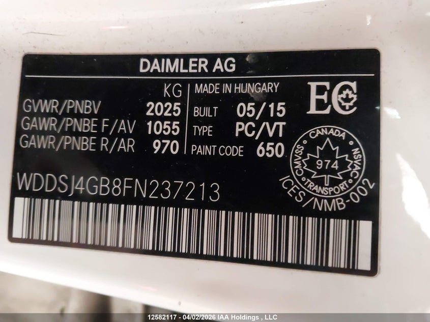 2015 Mercedes-Benz Cla 250 4Matic VIN: WDDSJ4GB8FN237213 Lot: 12582117