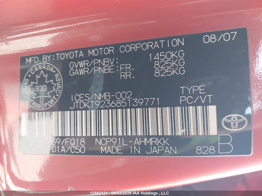 2008 Toyota Yaris VIN: JTDKT923685139771 Lot: 12582121