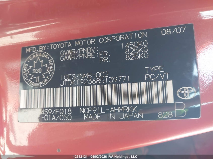 2008 Toyota Yaris VIN: JTDKT923685139771 Lot: 12582121