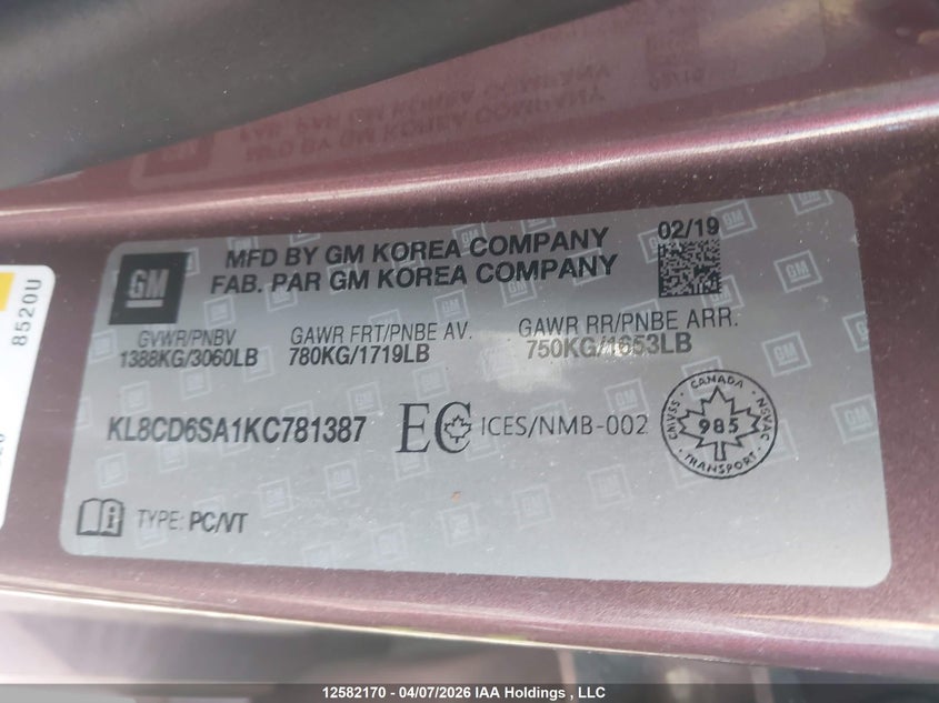 2019 Chevrolet Spark 1Lt Cvt VIN: KL8CD6SA1KC781387 Lot: 12582170