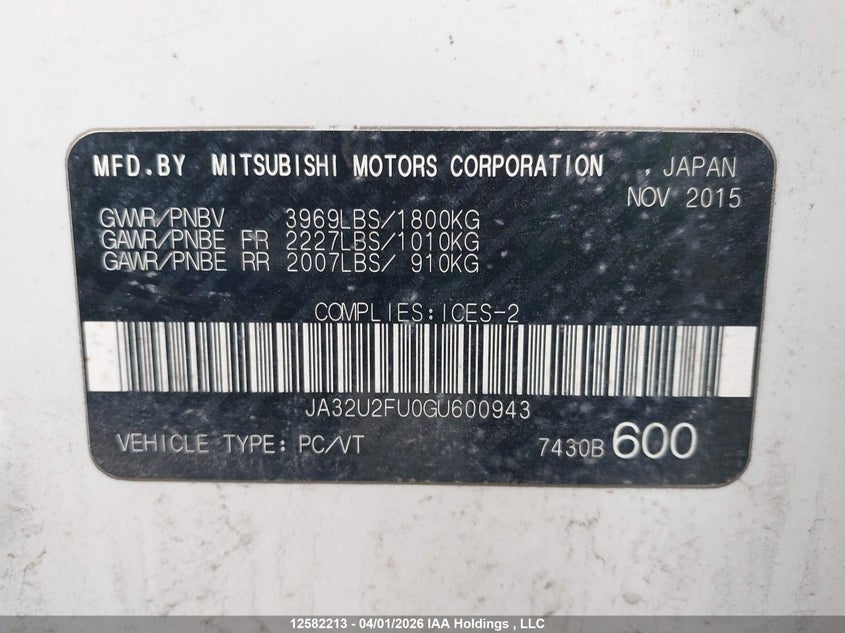 2016 Mitsubishi Lancer Es VIN: JA32U2FU0GU600943 Lot: 12582213