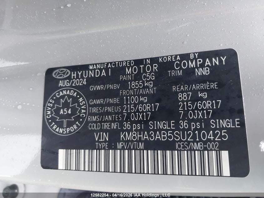 2025 Hyundai Kona Essential Fwd VIN: KM8HA3AB5SU210425 Lot: 12582254