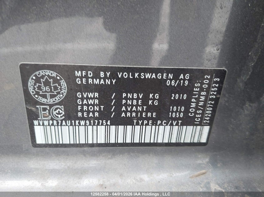 2019 Volkswagen E-Golf Sel Premium VIN: WVWPR7AU1KW917754 Lot: 12582258