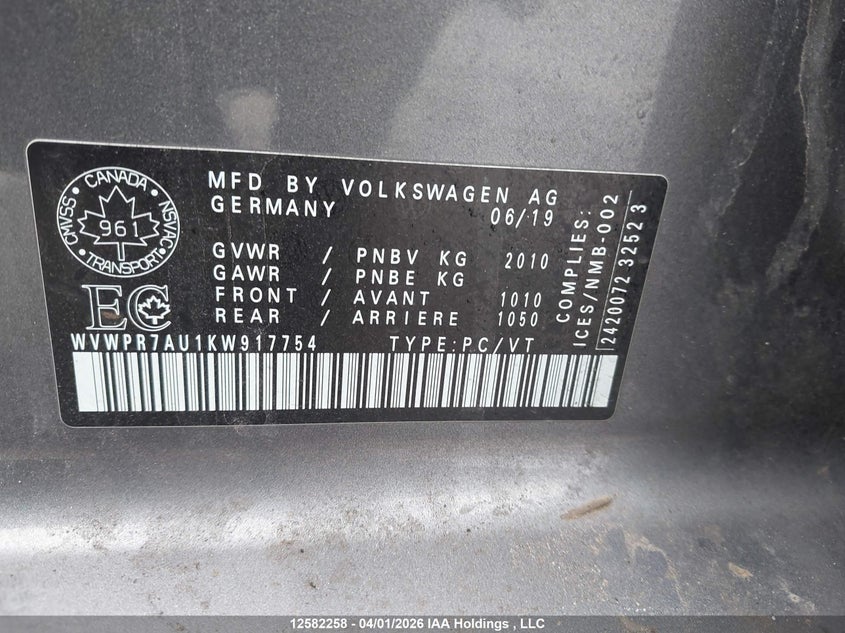 2019 Volkswagen E-Golf Sel Premium VIN: WVWPR7AU1KW917754 Lot: 12582258