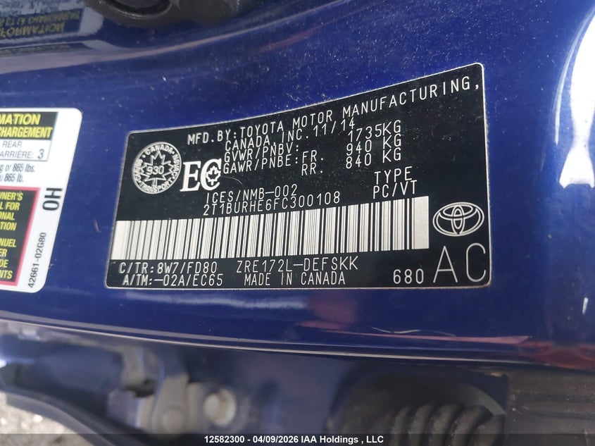 2015 Toyota Corolla VIN: 2T1BURHE6FC300108 Lot: 12582300