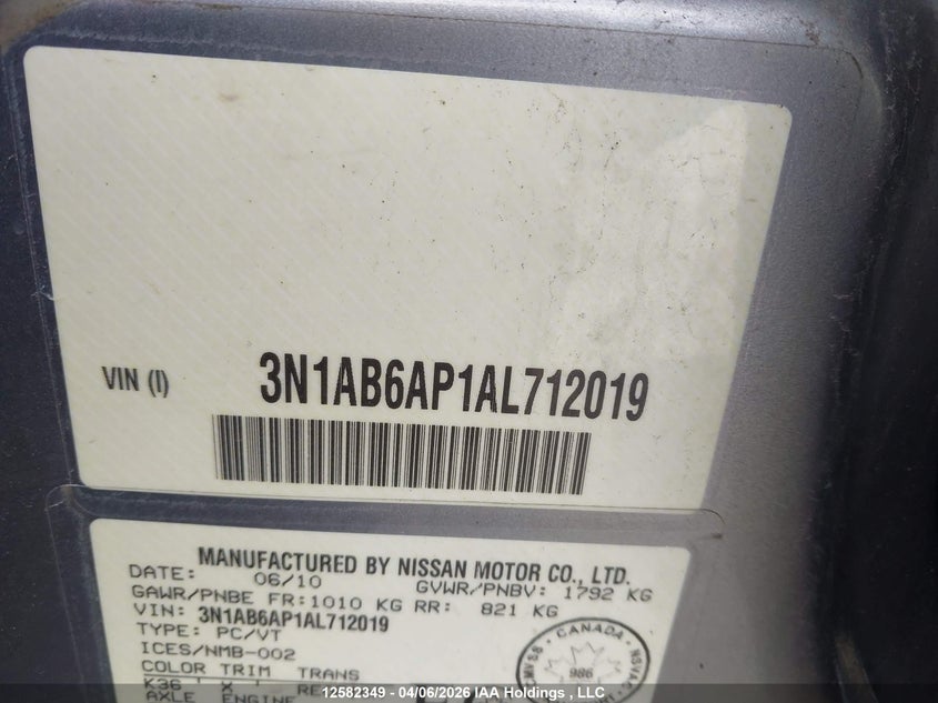 2010 Nissan Sentra 2.0S VIN: 3N1AB6AP1AL712019 Lot: 12582349