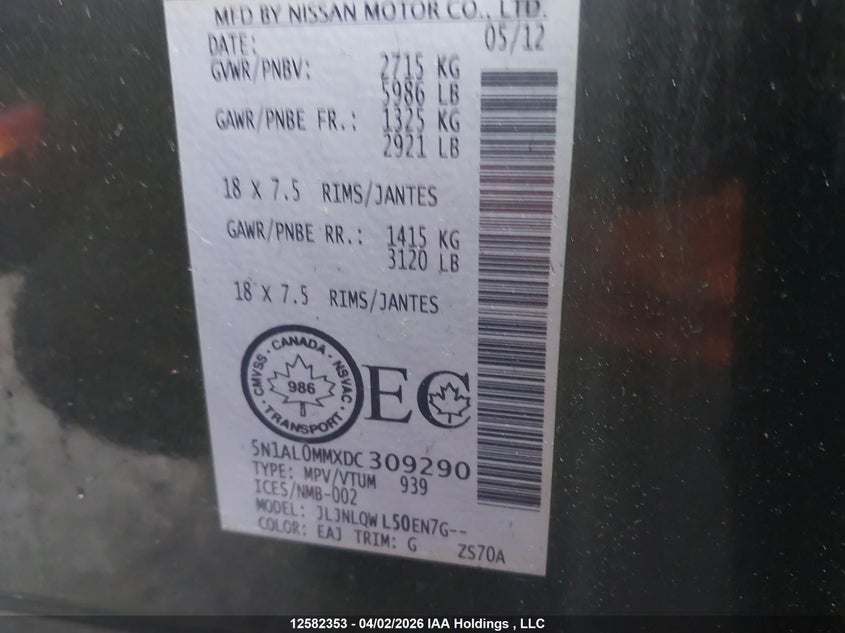 2013 Infiniti Jx35 VIN: 5N1AL0MMXDC309290 Lot: 12582353