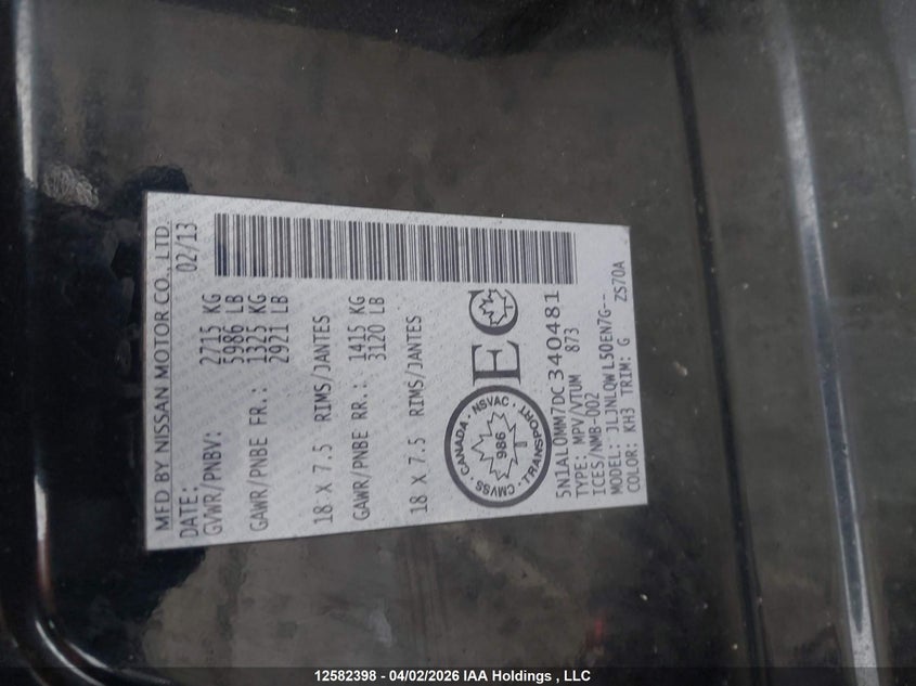 2013 Infiniti Jx35 VIN: 5N1AL0MM7DC340481 Lot: 12582398