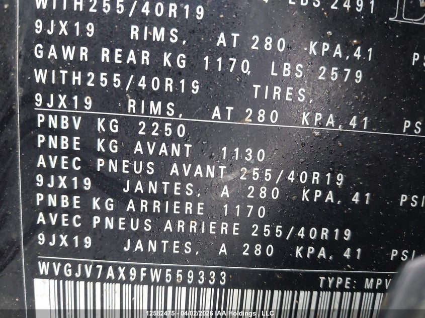 2015 Volkswagen Tiguan Comfortline/Highline/Special Edition/Trendline VIN: WVGJV7AX9FW559333 Lot: 12582475