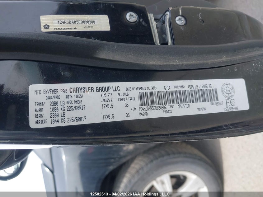 2014 Jeep Compass VIN: 1C4NJDAB5ED820388 Lot: 12582513