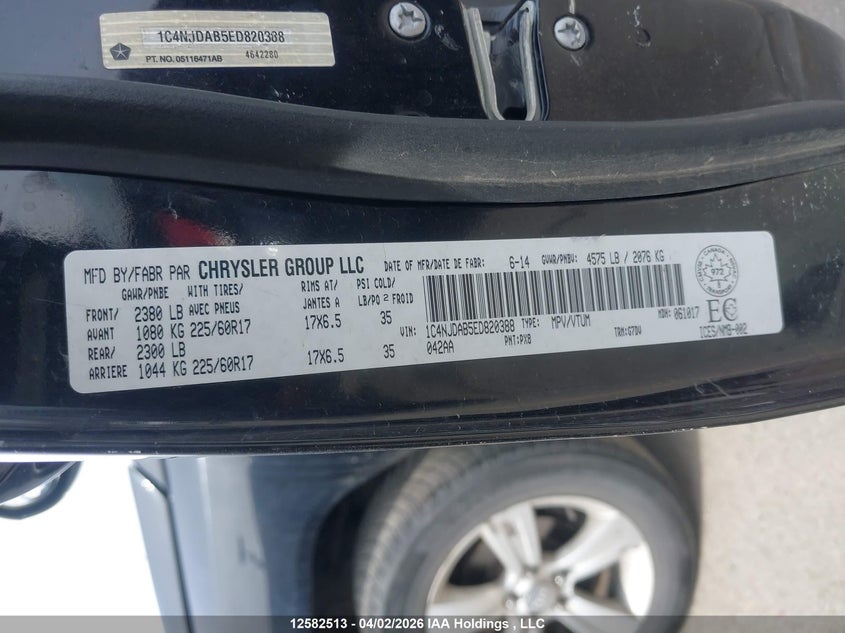 2014 Jeep Compass VIN: 1C4NJDAB5ED820388 Lot: 12582513