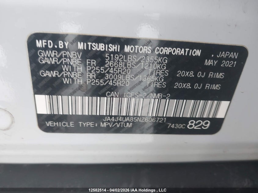 2022 Mitsubishi Outlander Se/Black Edition VIN: JA4J4UA85NZ606721 Lot: 12582514