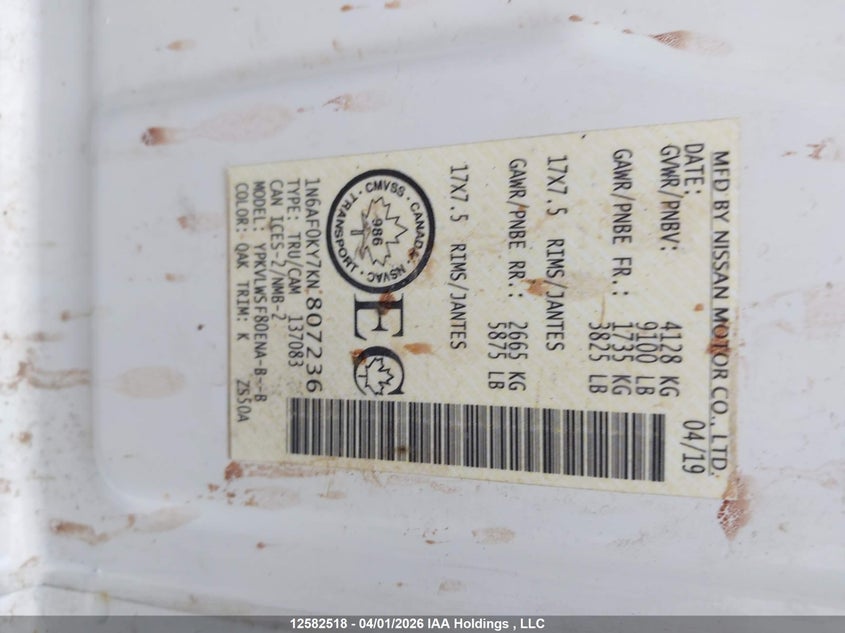 2019 Nissan Nv 2500 S/2500 Sv/3500 S/3500 Sv/3500 Sl VIN: 1N6AF0KY7KN807236 Lot: 12582518